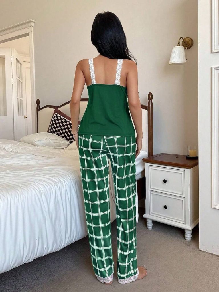 SHEIN Women's Contrast Color Lace Patchwork Camisole And Plaid Print Long Pajama Pants Set , Lace Pajama Set,Plaid Pajama Set, Suspender Pajama Set - Image 21