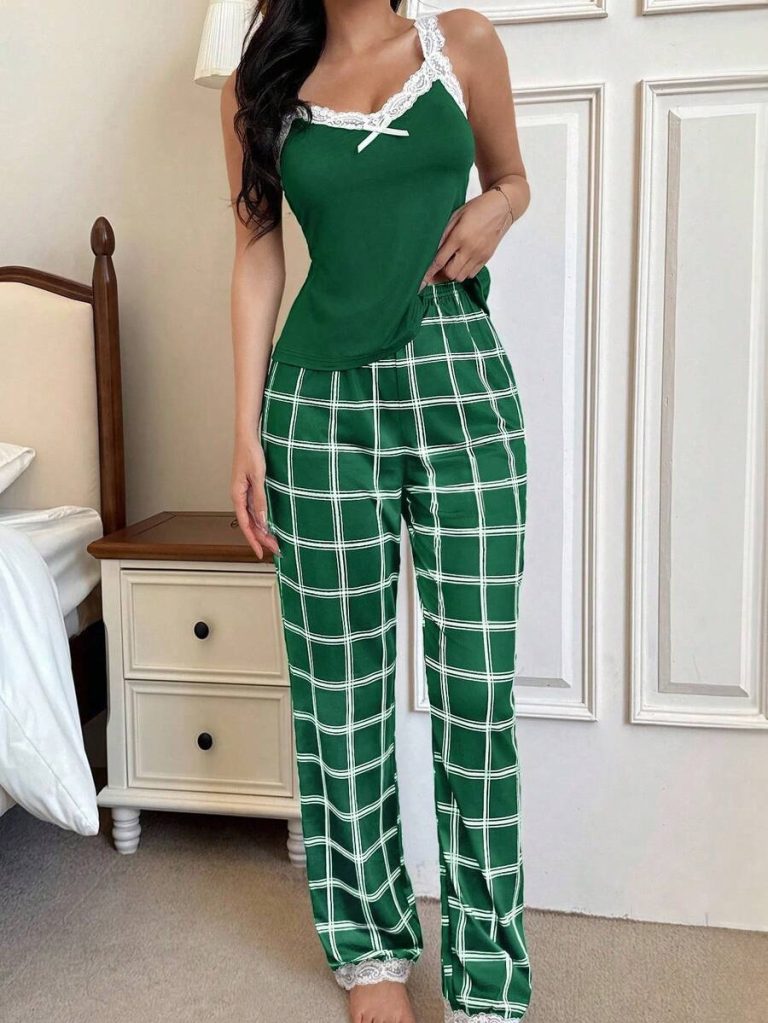 SHEIN Women's Contrast Color Lace Patchwork Camisole And Plaid Print Long Pajama Pants Set , Lace Pajama Set,Plaid Pajama Set, Suspender Pajama Set - Image 22