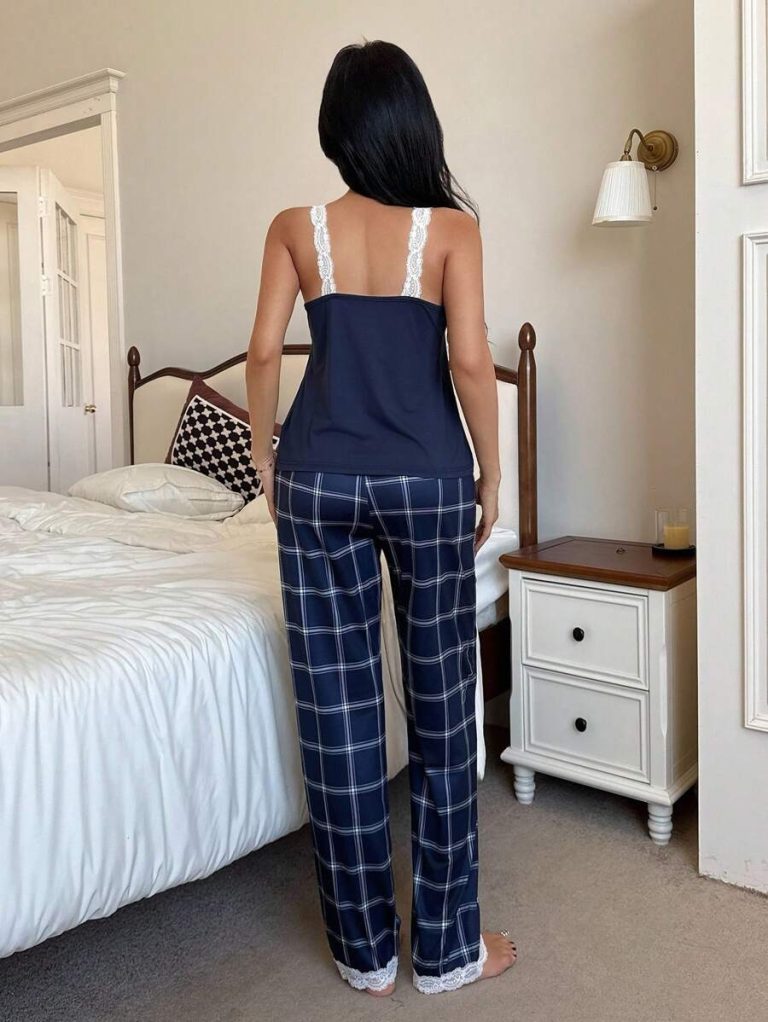 SHEIN Women's Contrast Color Lace Patchwork Camisole And Plaid Print Long Pajama Pants Set , Lace Pajama Set,Plaid Pajama Set, Suspender Pajama Set - Image 27