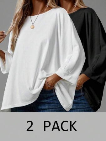 EMERY ROSE 2pcs/Set Women's Casual Minimalist Basic T-Shirt, Suitable For Autumn/Winter Over Sized Tshirts Women Shirt Pack Women 2 Pack Tops,Fall