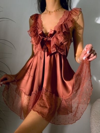 Contrast Lace Bow Front Satin Babydoll Dress Lingerie Bow Tie