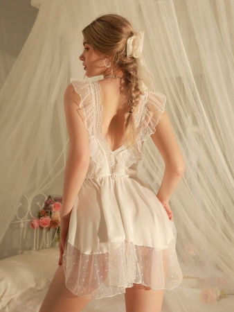 Contrast Lace Bow Front Satin Babydoll Dress Lingerie Bow Tie - Image 3