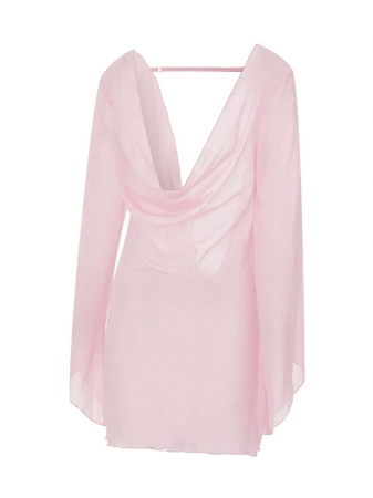 Women Y2k Pink Sheer Mesh Mini Dress Sexy Babydoll Lingerie Nightgown See Through Cowl Neck Backless Dress Long Sleeve Loungewear Sleepwear Exotic Nightwear - Image 4