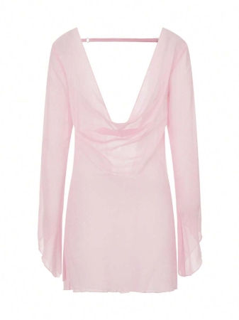 Women Y2k Pink Sheer Mesh Mini Dress Sexy Babydoll Lingerie Nightgown See Through Cowl Neck Backless Dress Long Sleeve Loungewear Sleepwear Exotic Nightwear - Image 5