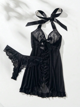 Ladies Sexy Babydoll Lingerie Dress With Lace Patchwork, Bow Decoration, Neck Halter Tie Bow Tie - Image 7