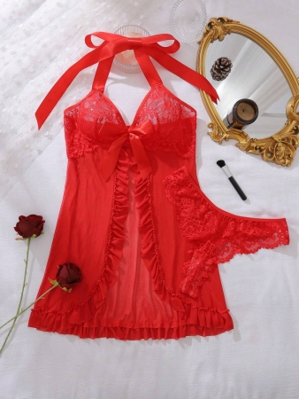 Ladies Sexy Babydoll Lingerie Dress With Lace Patchwork, Bow Decoration, Neck Halter Tie Bow Tie - Image 13