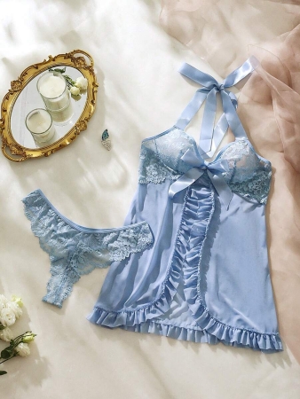 Ladies Sexy Babydoll Lingerie Dress With Lace Patchwork, Bow Decoration, Neck Halter Tie Bow Tie - Image 28