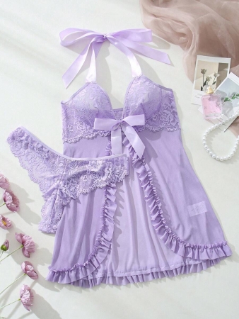 Ladies Sexy Babydoll Lingerie Dress With Lace Patchwork, Bow Decoration, Neck Halter Tie Bow Tie - Image 39