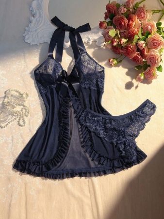 Ladies Sexy Babydoll Lingerie Dress With Lace Patchwork, Bow Decoration, Neck Halter Tie Bow Tie - Image 46