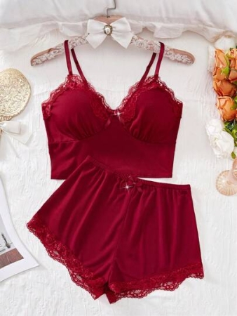 2-Piece Solid Color Lace Trim Sexy Lingerie - Fashion Bow Strap Top & Stretchy Breathable Shorts - Women's Comfortable Sleepwear, Rave