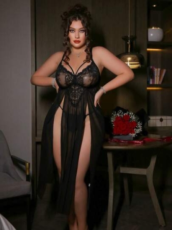 Seduluxe 2pcs Plus Size Sexy Lingerie Set - Mesh Lace Splice Chemise + G-String