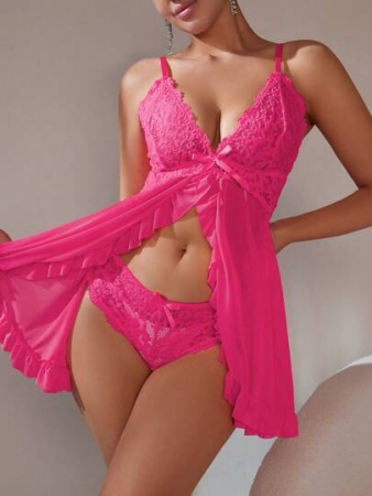 2pcs/Set Women's Sexy Lace Lingerie Babydoll Dress (Wire-Free, Triangular Panties)