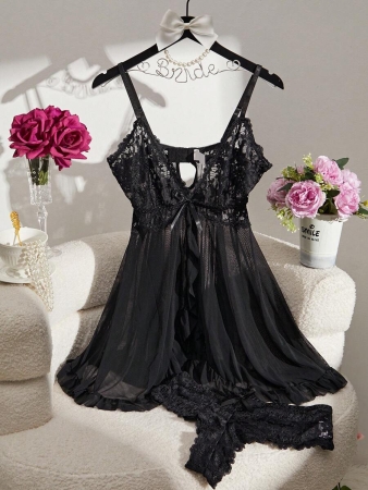 2pcs/Set Women's Sexy Lace Lingerie Babydoll Dress (Wire-Free, Triangular Panties) - Image 7