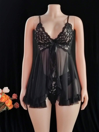 2pcs/Set Women's Sexy Lace Lingerie Babydoll Dress (Wire-Free, Triangular Panties) - Image 8