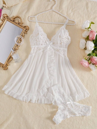 2pcs/Set Women's Sexy Lace Lingerie Babydoll Dress (Wire-Free, Triangular Panties) - Image 37