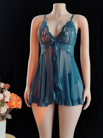 2pcs/Set Women's Sexy Lace Lingerie Babydoll Dress (Wire-Free, Triangular Panties) - Image 50