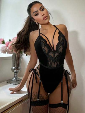 Goth Contrast Lace Harness Teddy Bodysuit With 1pair Stocking, Lingerie