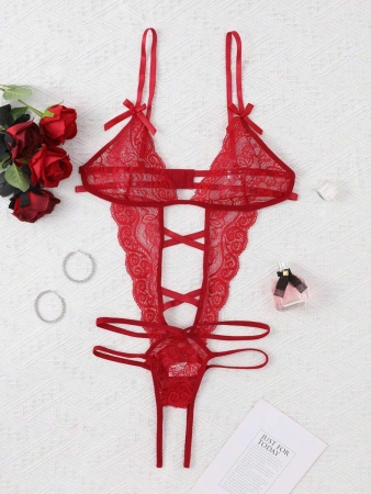 Women Lace Bow Detail Knot Deep V Crotchless Open Back Bodysuit Semi-Sheer Sexy Lingerie Bodysuit For Rave, Going Out - Image 7