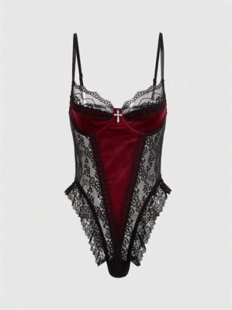 ROMWE Goth Women's Sexy Gothic Bodysuit With Cross Accessory, Velvet & Lace Material, Boned Lingerie