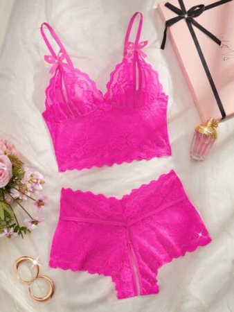 Seductive Floral Lace Sexy Lingerie-Sheer Bra With Bow Details & Open-Crotch Panties Women's Sexy Underwear Set