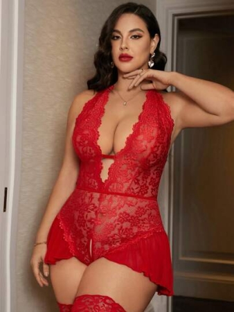 Seduluxe Plus Floral Lace Ruffle Hem Plunging Neck Backless Halter Teddy Bodysuit