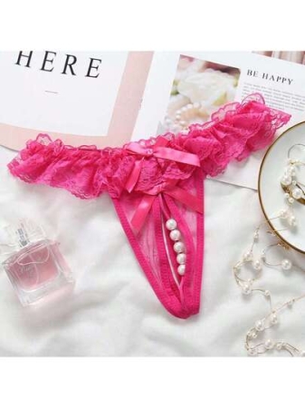 1pc Ladies Massage Faux Pearl Erotic Lace Sexy Open Crotch Thongs