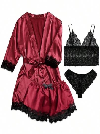 Women's Stain Pajamas Set 4Pcs Sexy Lingerie Floral Lace Trim Cami Shorts Panties Loungewear Comfy Nightwear Lightweight Sleepwear With Robe