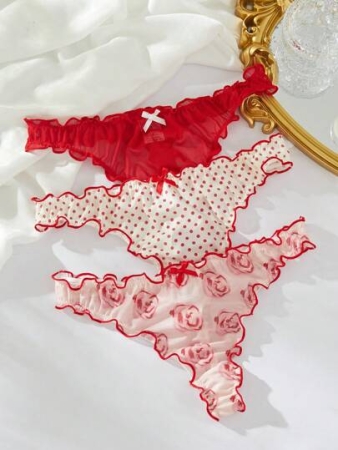 3packs Lettuce Trim Bow Front Sexy Thongs Lingerie Bow Tie