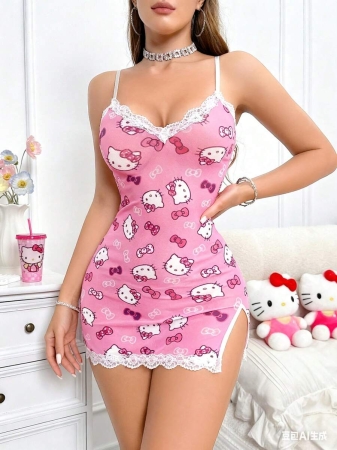 Sanrio Sanrio 1pc Women's Pink Hello Kitty Cute Digital Printing, Pink Pajamas, Cute Sleep Dress, V-Neck, Contrast Lace ,Side Slit, Sheer Mesh & Backless, Sexy Lingerie Dress , Rave For Going Out - Image 4