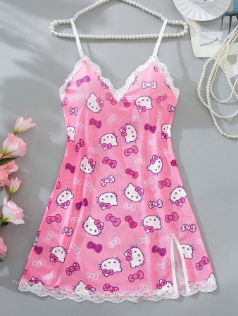 Sanrio Sanrio 1pc Women's Pink Hello Kitty Cute Digital Printing, Pink Pajamas, Cute Sleep Dress, V-Neck, Contrast Lace ,Side Slit, Sheer Mesh & Backless, Sexy Lingerie Dress , Rave For Going Out - Image 7