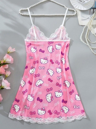 Sanrio Sanrio 1pc Women's Pink Hello Kitty Cute Digital Printing, Pink Pajamas, Cute Sleep Dress, V-Neck, Contrast Lace ,Side Slit, Sheer Mesh & Backless, Sexy Lingerie Dress , Rave For Going Out - Image 8