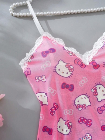 Sanrio Sanrio 1pc Women's Pink Hello Kitty Cute Digital Printing, Pink Pajamas, Cute Sleep Dress, V-Neck, Contrast Lace ,Side Slit, Sheer Mesh & Backless, Sexy Lingerie Dress , Rave For Going Out - Image 9