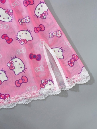 Sanrio Sanrio 1pc Women's Pink Hello Kitty Cute Digital Printing, Pink Pajamas, Cute Sleep Dress, V-Neck, Contrast Lace ,Side Slit, Sheer Mesh & Backless, Sexy Lingerie Dress , Rave For Going Out - Image 11