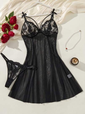 Women's Two-Piece Wine Red Palace Mature Charm - Gorgeous Sexy Nightdress, Embroidered Bow Bra, Soft And Comfortable Home Clothes, Suitable For All Seasons Semi-Transparent Thin Skirt, Christmas And Halloween Gifts