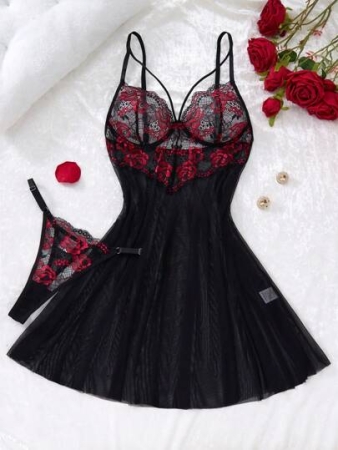 Women's Black And Red Rose Gothic Style Contrast Lace Sexy Short Lingerie Dress & Thong, Going Out