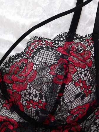 Women's Black And Red Rose Gothic Style Contrast Lace Sexy Short Lingerie Dress & Thong, Going Out - Image 3