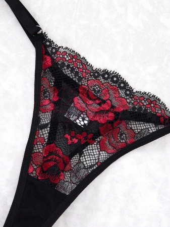 Women's Black And Red Rose Gothic Style Contrast Lace Sexy Short Lingerie Dress & Thong, Going Out - Image 5