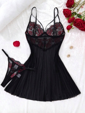 Women's Black And Red Rose Gothic Style Contrast Lace Sexy Short Lingerie Dress & Thong, Going Out - Image 6