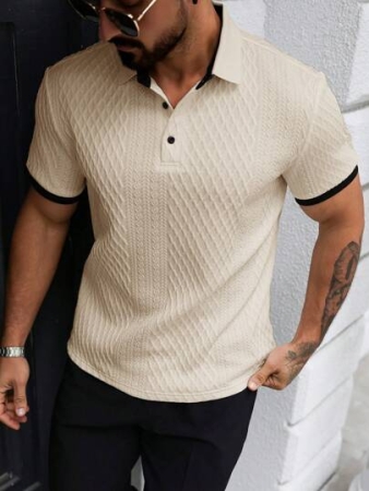 Manfinity CasualCool Men's Casual Vacation Style, Featuring An INS-Inspired Geometric Diamond-Textured Jacquard Knit Short-Sleeve Khaki Polo Shirt With A V-Neck Design. Perfect For Music Festivals, Hawaii Beach Getaways, And Everyday Outfits, Making It A Stylish Gift For Your Boyfriend Or Husband. It Embodies A French-Inspired Elegance And Romance. Men's Knitted Textured Jacquard Polo Shirt, Minimalist & Fashionable, Suitable For Summer , Polo Shirt For Men , Polos For Men