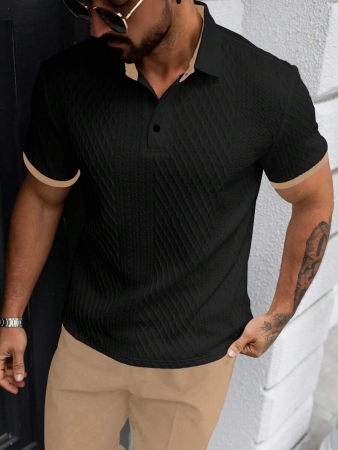 Manfinity CasualCool Men's Casual Vacation Style, Featuring An INS-Inspired Geometric Diamond-Textured Jacquard Knit Short-Sleeve Khaki Polo Shirt With A V-Neck Design. Perfect For Music Festivals, Hawaii Beach Getaways, And Everyday Outfits, Making It A Stylish Gift For Your Boyfriend Or Husband. It Embodies A French-Inspired Elegance And Romance. Men's Knitted Textured Jacquard Polo Shirt, Minimalist & Fashionable, Suitable For Summer , Polo Shirt For Men , Polos For Men - Image 2