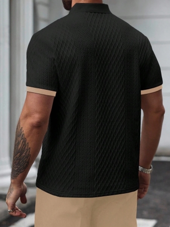 Manfinity CasualCool Men's Casual Vacation Style, Featuring An INS-Inspired Geometric Diamond-Textured Jacquard Knit Short-Sleeve Khaki Polo Shirt With A V-Neck Design. Perfect For Music Festivals, Hawaii Beach Getaways, And Everyday Outfits, Making It A Stylish Gift For Your Boyfriend Or Husband. It Embodies A French-Inspired Elegance And Romance. Men's Knitted Textured Jacquard Polo Shirt, Minimalist & Fashionable, Suitable For Summer , Polo Shirt For Men , Polos For Men - Image 3