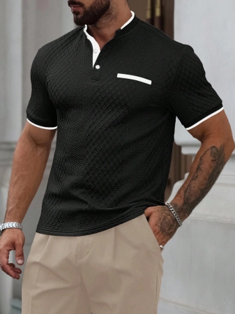 Manfinity CasualCool Men's Casual Vacation Style, Featuring An INS-Inspired Geometric Diamond-Textured Jacquard Knit Short-Sleeve Khaki Polo Shirt With A V-Neck Design. Perfect For Music Festivals, Hawaii Beach Getaways, And Everyday Outfits, Making It A Stylish Gift For Your Boyfriend Or Husband. It Embodies A French-Inspired Elegance And Romance. Men's Knitted Textured Jacquard Polo Shirt, Minimalist & Fashionable, Suitable For Summer , Polo Shirt For Men , Polos For Men - Image 9