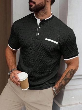 Manfinity CasualCool Men's Casual Vacation Style, Featuring An INS-Inspired Geometric Diamond-Textured Jacquard Knit Short-Sleeve Khaki Polo Shirt With A V-Neck Design. Perfect For Music Festivals, Hawaii Beach Getaways, And Everyday Outfits, Making It A Stylish Gift For Your Boyfriend Or Husband. It Embodies A French-Inspired Elegance And Romance. Men's Knitted Textured Jacquard Polo Shirt, Minimalist & Fashionable, Suitable For Summer , Polo Shirt For Men , Polos For Men - Image 10