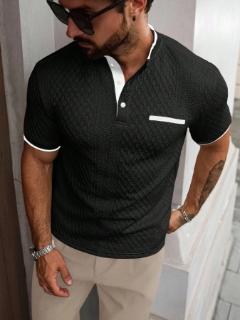 Manfinity CasualCool Men's Casual Vacation Style, Featuring An INS-Inspired Geometric Diamond-Textured Jacquard Knit Short-Sleeve Khaki Polo Shirt With A V-Neck Design. Perfect For Music Festivals, Hawaii Beach Getaways, And Everyday Outfits, Making It A Stylish Gift For Your Boyfriend Or Husband. It Embodies A French-Inspired Elegance And Romance. Men's Knitted Textured Jacquard Polo Shirt, Minimalist & Fashionable, Suitable For Summer , Polo Shirt For Men , Polos For Men - Image 12