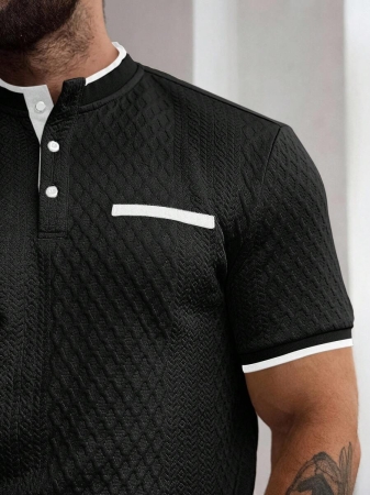 Manfinity CasualCool Men's Casual Vacation Style, Featuring An INS-Inspired Geometric Diamond-Textured Jacquard Knit Short-Sleeve Khaki Polo Shirt With A V-Neck Design. Perfect For Music Festivals, Hawaii Beach Getaways, And Everyday Outfits, Making It A Stylish Gift For Your Boyfriend Or Husband. It Embodies A French-Inspired Elegance And Romance. Men's Knitted Textured Jacquard Polo Shirt, Minimalist & Fashionable, Suitable For Summer , Polo Shirt For Men , Polos For Men - Image 13