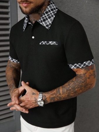 Manfinity CasualCool Men's Casual Vacation Style, Featuring An INS-Inspired Geometric Diamond-Textured Jacquard Knit Short-Sleeve Khaki Polo Shirt With A V-Neck Design. Perfect For Music Festivals, Hawaii Beach Getaways, And Everyday Outfits, Making It A Stylish Gift For Your Boyfriend Or Husband. It Embodies A French-Inspired Elegance And Romance. Men's Knitted Textured Jacquard Polo Shirt, Minimalist & Fashionable, Suitable For Summer , Polo Shirt For Men , Polos For Men - Image 16