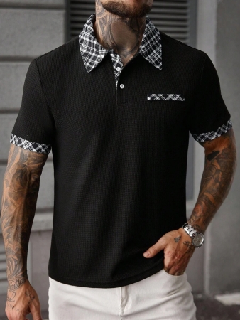 Manfinity CasualCool Men's Casual Vacation Style, Featuring An INS-Inspired Geometric Diamond-Textured Jacquard Knit Short-Sleeve Khaki Polo Shirt With A V-Neck Design. Perfect For Music Festivals, Hawaii Beach Getaways, And Everyday Outfits, Making It A Stylish Gift For Your Boyfriend Or Husband. It Embodies A French-Inspired Elegance And Romance. Men's Knitted Textured Jacquard Polo Shirt, Minimalist & Fashionable, Suitable For Summer , Polo Shirt For Men , Polos For Men - Image 17