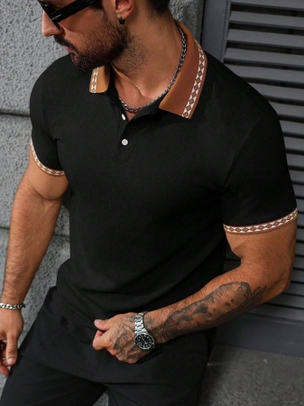 Manfinity CasualCool Men's Casual Vacation Style, Featuring An INS-Inspired Geometric Diamond-Textured Jacquard Knit Short-Sleeve Khaki Polo Shirt With A V-Neck Design. Perfect For Music Festivals, Hawaii Beach Getaways, And Everyday Outfits, Making It A Stylish Gift For Your Boyfriend Or Husband. It Embodies A French-Inspired Elegance And Romance. Men's Knitted Textured Jacquard Polo Shirt, Minimalist & Fashionable, Suitable For Summer , Polo Shirt For Men , Polos For Men - Image 20