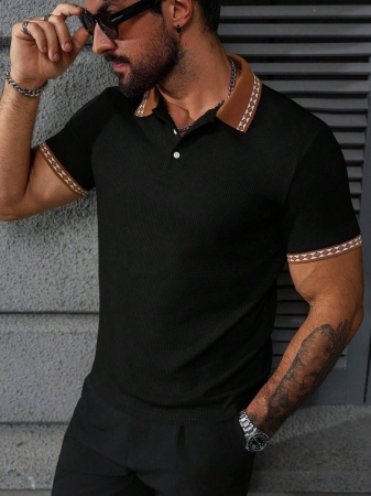 Manfinity CasualCool Men's Casual Vacation Style, Featuring An INS-Inspired Geometric Diamond-Textured Jacquard Knit Short-Sleeve Khaki Polo Shirt With A V-Neck Design. Perfect For Music Festivals, Hawaii Beach Getaways, And Everyday Outfits, Making It A Stylish Gift For Your Boyfriend Or Husband. It Embodies A French-Inspired Elegance And Romance. Men's Knitted Textured Jacquard Polo Shirt, Minimalist & Fashionable, Suitable For Summer , Polo Shirt For Men , Polos For Men - Image 23