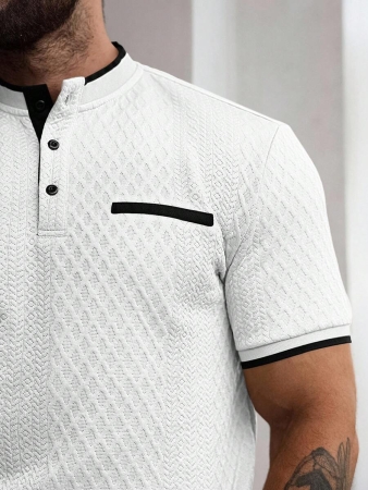 Manfinity CasualCool Men's Casual Vacation Style, Featuring An INS-Inspired Geometric Diamond-Textured Jacquard Knit Short-Sleeve Khaki Polo Shirt With A V-Neck Design. Perfect For Music Festivals, Hawaii Beach Getaways, And Everyday Outfits, Making It A Stylish Gift For Your Boyfriend Or Husband. It Embodies A French-Inspired Elegance And Romance. Men's Knitted Textured Jacquard Polo Shirt, Minimalist & Fashionable, Suitable For Summer , Polo Shirt For Men , Polos For Men - Image 29